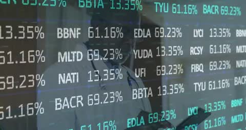 Senior Doctor Using Tablet Amidst Stock Market Display