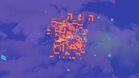Digital Network Animation with QR Elements on Blue Sky