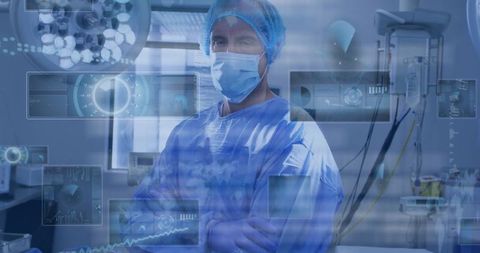 Surgeon in Advanced Operating Room with Futuristic Holographic Displays