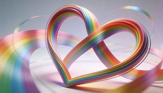 Glossy rainbow ribbon heart curling into infinity loop with pastel highlights