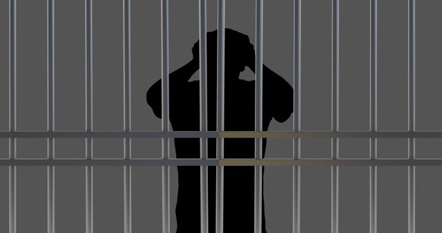 Illustration of frustrated prisoner with head in hands standing behind prison bars. Copy space, national pow, military, imprison, honor, vietnam war, memorial event and patriotism concept.