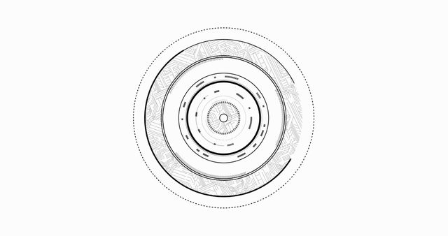 An intricate round tech illustration featuring multiple concentric circles with elaborate patterns and a clean, minimalist design. Excellent for use in technology presentations, digital interfaces, sci-fi graphics, or innovative product packaging design seeking a modern and sophisticated aesthetic.