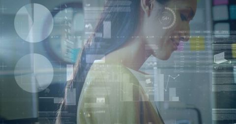Businesswoman in Office with Data Visualization Overlay - Download Free Stock Images Pikwizard.com