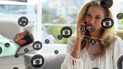 Woman Using Smartphone with Network Technology Icons Overlay