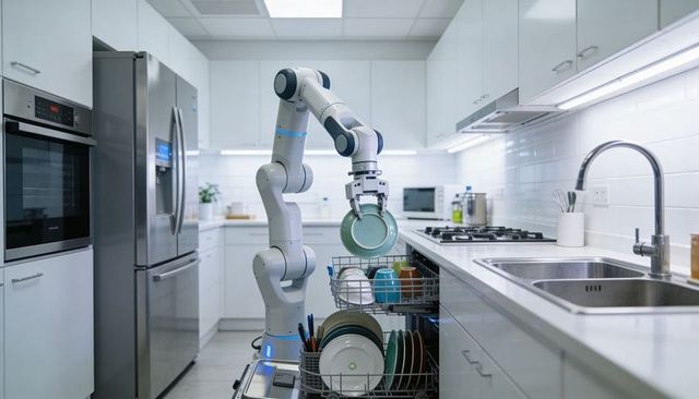 Robotic kitchen arm removing plate from dishwasher rack in modern smart home kitchen