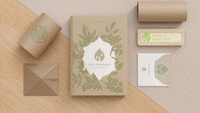 Eco-friendly kraft packaging flatlay with botanical emblem and sustainable branding mockup