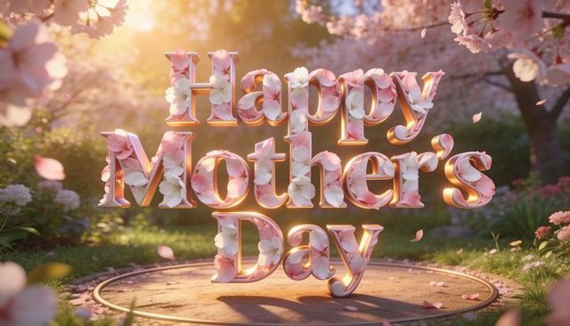 3d floral happy mother's day text with cherry blossom petals and soft golden light