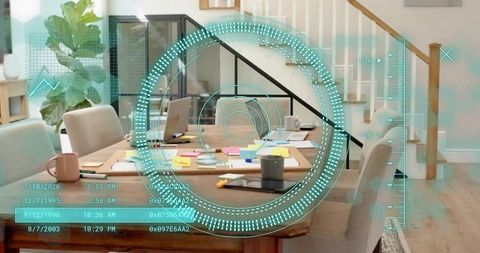 Home office workspace displaying ar hud overlay for remote collaboration and productivity