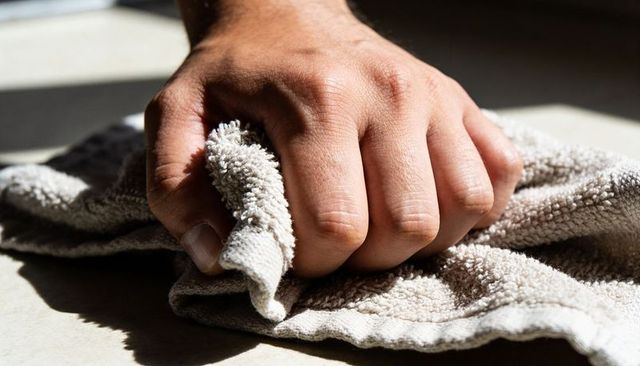 Sunlit hand gripping beige terry towel wiping countertop closeup texture shadowed surface