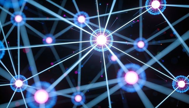Radiant neural network hub emitting radial light beams connecting glowing nodes in cyberspace
