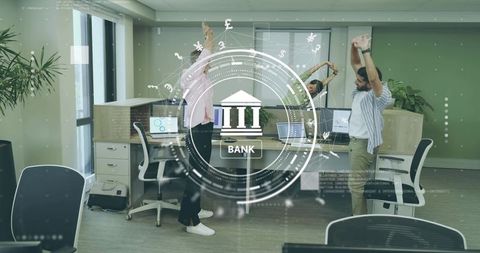 Modern office team stretching with digital bank concept overlay