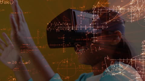 Schoolgirl Engaging in Virtual Reality with Math Overlays