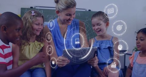 Teacher guiding diverse students using interactive tablet with holographic learning icons