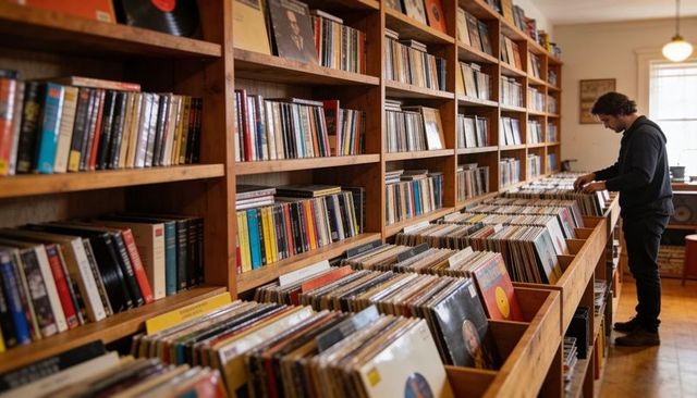 Man browsing vinyl records in indie record shop with warm rustic wooden bins
