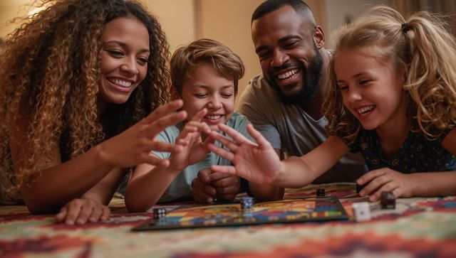 Family game night joy: parents and kids playing board game together on cozy rug