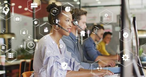 Call center representative using headset and technology