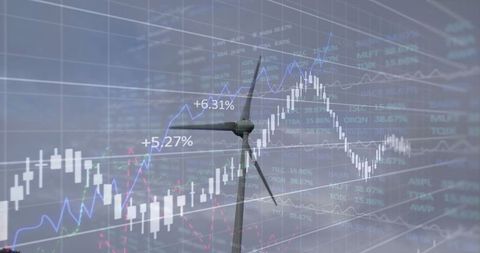 Wind turbine overlay with financial chart elements, sustainable investment concept