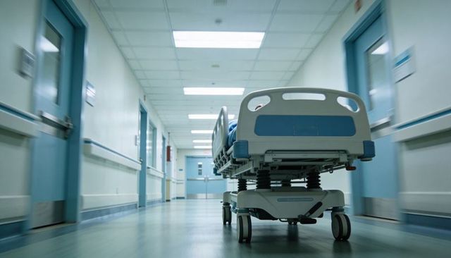 Hospital stretcher rolling through sterile corridor with blue doors and clinical lighting
