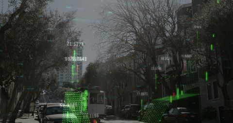 Urban Scene with Digital Financial Data Overlay