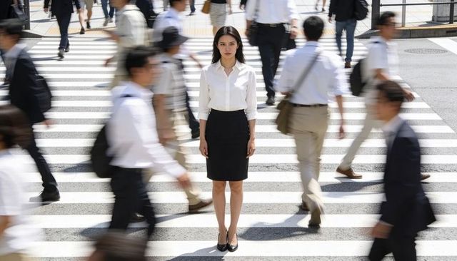 Asian businesswoman standing motionless amid rushing commuters on urban crosswalk