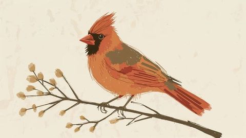 Illustrasion of Perching Red Male Northern Cardinal on Branch