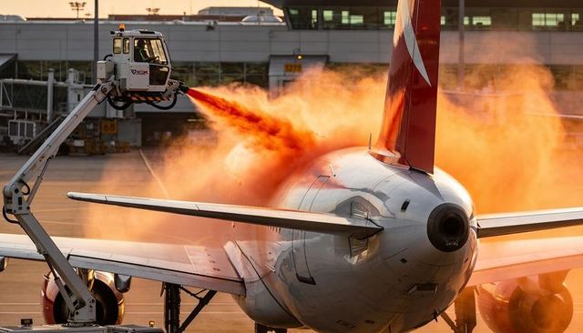 Deicing truck spraying orange fluid across aircraft rear fuselage at airport sunrise
