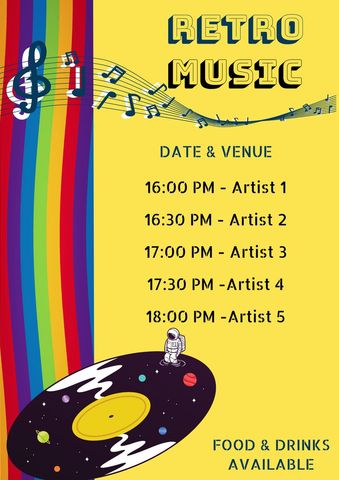 colorful retro music event poster with astronaut theme - Download Free Stock Templates Pikwizard.com