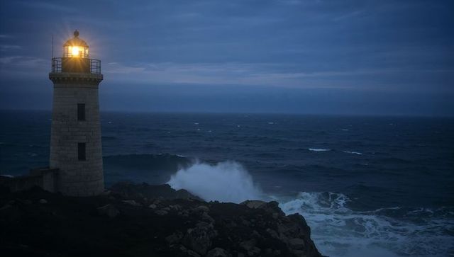 Lighthouse beacon guiding stormy coast at dusk with crashing waves and rocky promontory