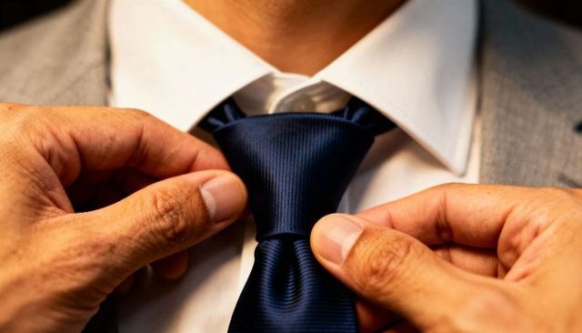 Adjusting Navy Satin Tie Knot on White Shirt and Gray Suit Preparing for Formal Occasion
