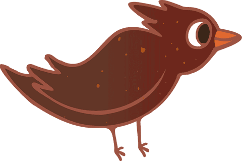 Whimsical brown bird with orange outline and rustic speckles on transparent background