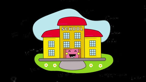 Cheerful Cartoon School Building with Mathematical Equations