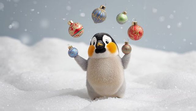 Juggling penguin chick raising flippers on snow with colorful holiday ornaments