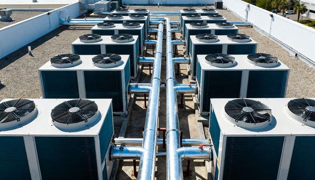 Rooftop hvac chillers feeding from central supply piping creating industrial symmetry