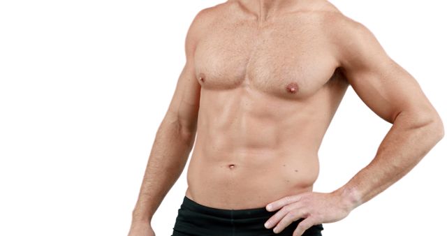 A Caucasian man's torso is displayed, showcasing his fit physique and well-defined muscles, with copy space. His appearance suggests a focus on health, fitness, or a sports-related context.