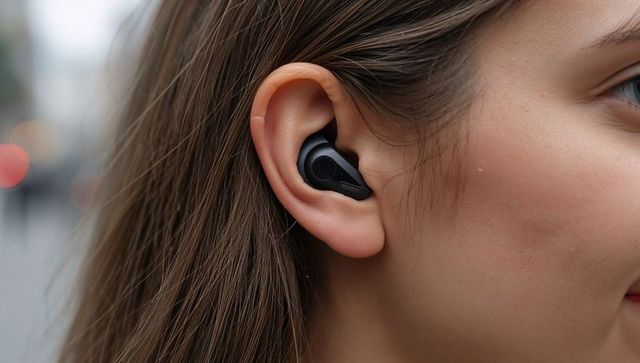 Woman Wearing Black Wireless Earbud on City Street