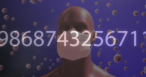 Human Model with Face Mask and Increasing Numbers Amid Covid-19 Cells