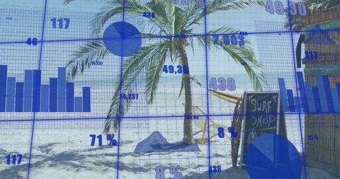 Tropical Beach Data Visualization Overlay with Palm Tree, Hammock and Surf Shop Chalkboard