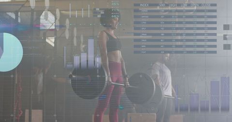 Digital Data Overlay on Diverse Fitness Athletes Lifting Weights