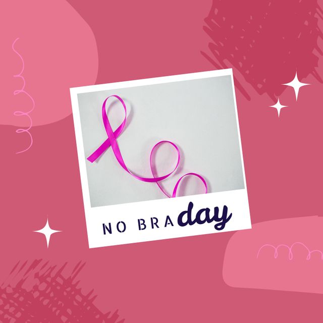 No Bra Day graphic featuring a pink ribbon on a vibrant pink background. Useful for breast cancer awareness campaigns, events, and social media posts advocating for women's health and support.