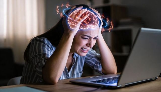 Stressed remote worker clutching head at laptop with brain overlay depicting migraine pain