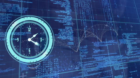 Futuristic Clock Overlay on Digital Data and DNA Strand