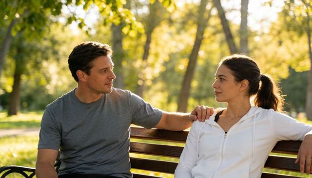 Couple having heartfelt conversation on park bench showing relaxed connection at golden hour