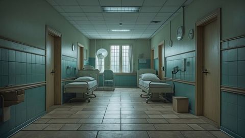 Sterile modern hospital ward with two beds and medical equipment