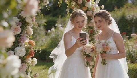 Two brides celebrating outdoor wedding under floral arch holding bouquets and smartphone