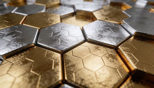 Shining metallic hexagonal honeycomb featuring gold and silver beveled tiles