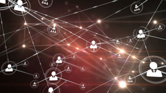 Abstract visualization of interconnected digital network displaying people icons linked together with glowing points and lines. Ideal for concepts related to virtual connections, social media, communication networks, and global technology platforms. Could be useful in illustrating futuristic networking or digital interface topics.