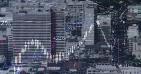 Digital Stock Market Analysis Overlaid on Urban Skyline