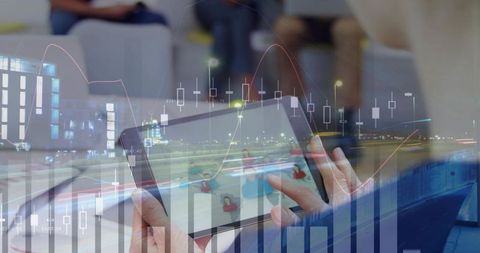 Asian man tapping tablet showing financial charts and team avatars in modern lounge