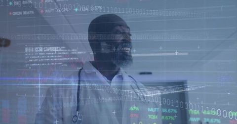 Doctor Analyzing Healthcare Data with Digital Interface Overlays