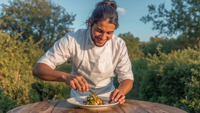 Male chef plating microgreens on garden table for outdoor fine dining and herb garnish